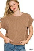 Brown Raised Rib Cap Sleeve Knit Top by Zenana
