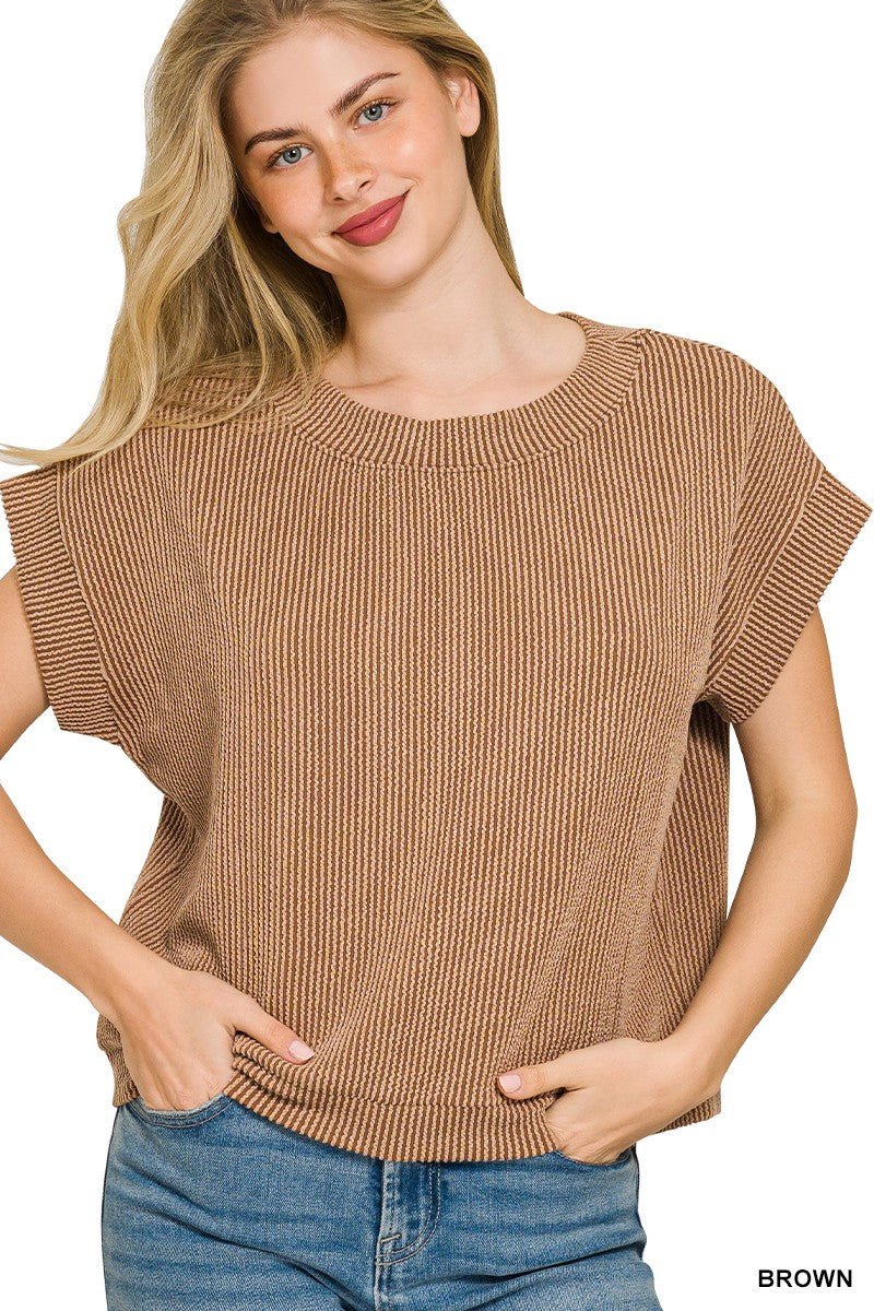 Brown Raised Rib Cap Sleeve Knit Top by Zenana
