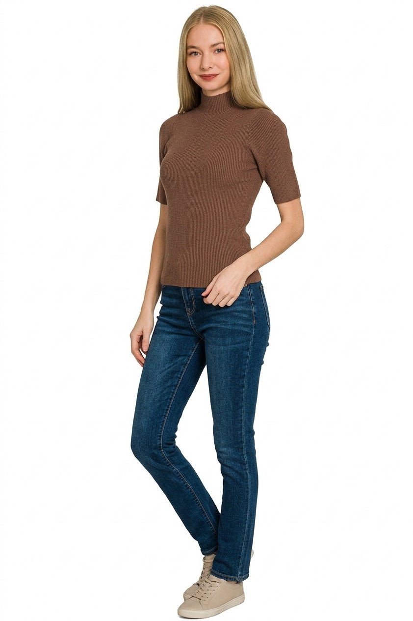 Brown Viscose Ribbed Mock Neck Sweater by Zenana
