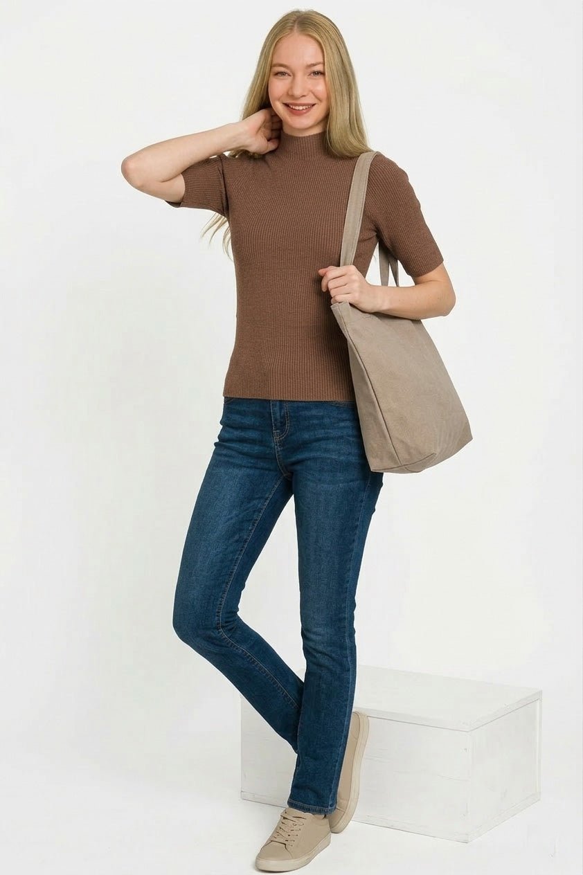 Brown Viscose Ribbed Mock Neck Sweater by Zenana