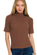 Brown Viscose Ribbed Mock Neck Sweater by Zenana