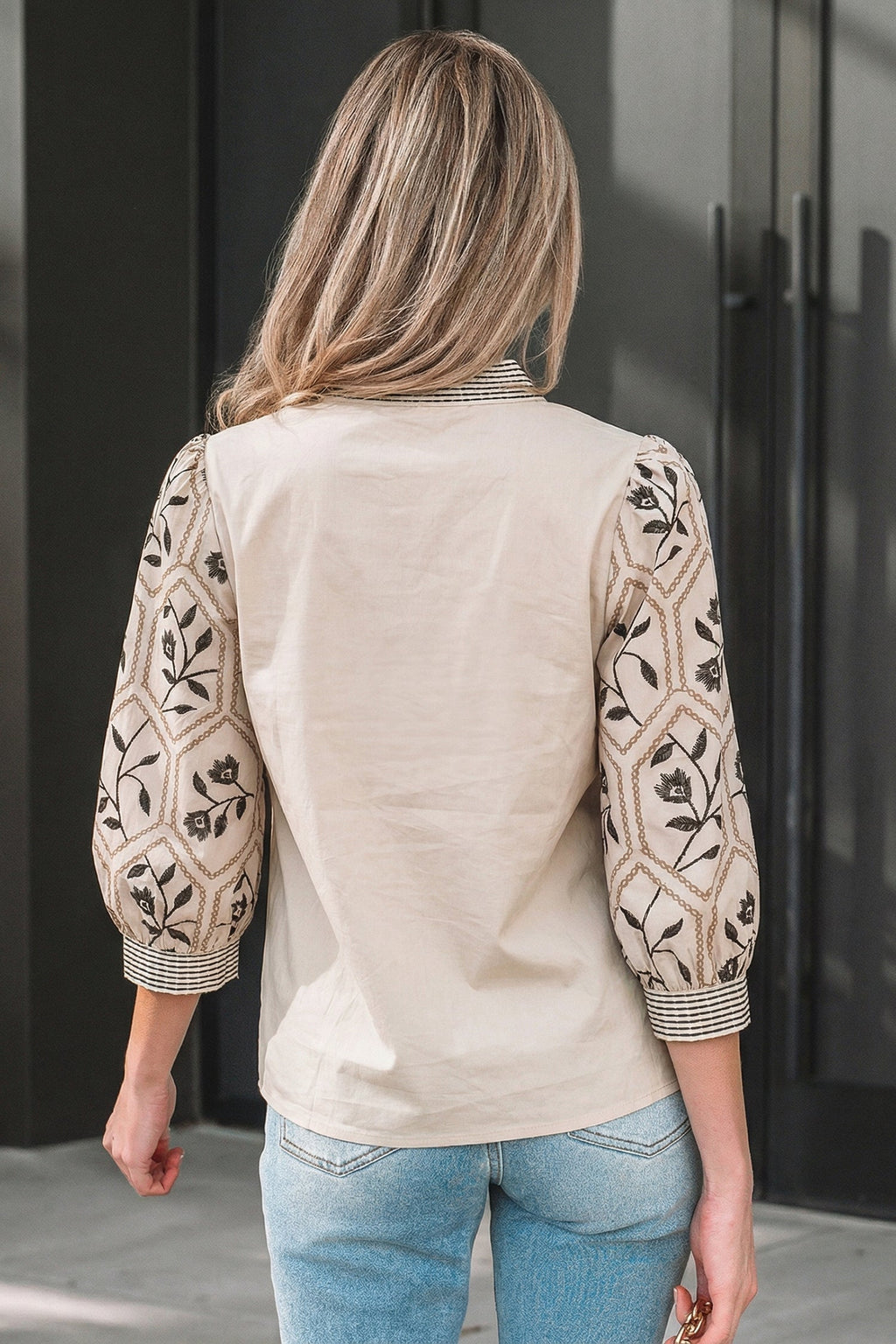 Floral Patchwork Contrast V-Neck Puff Sleeve Blouse