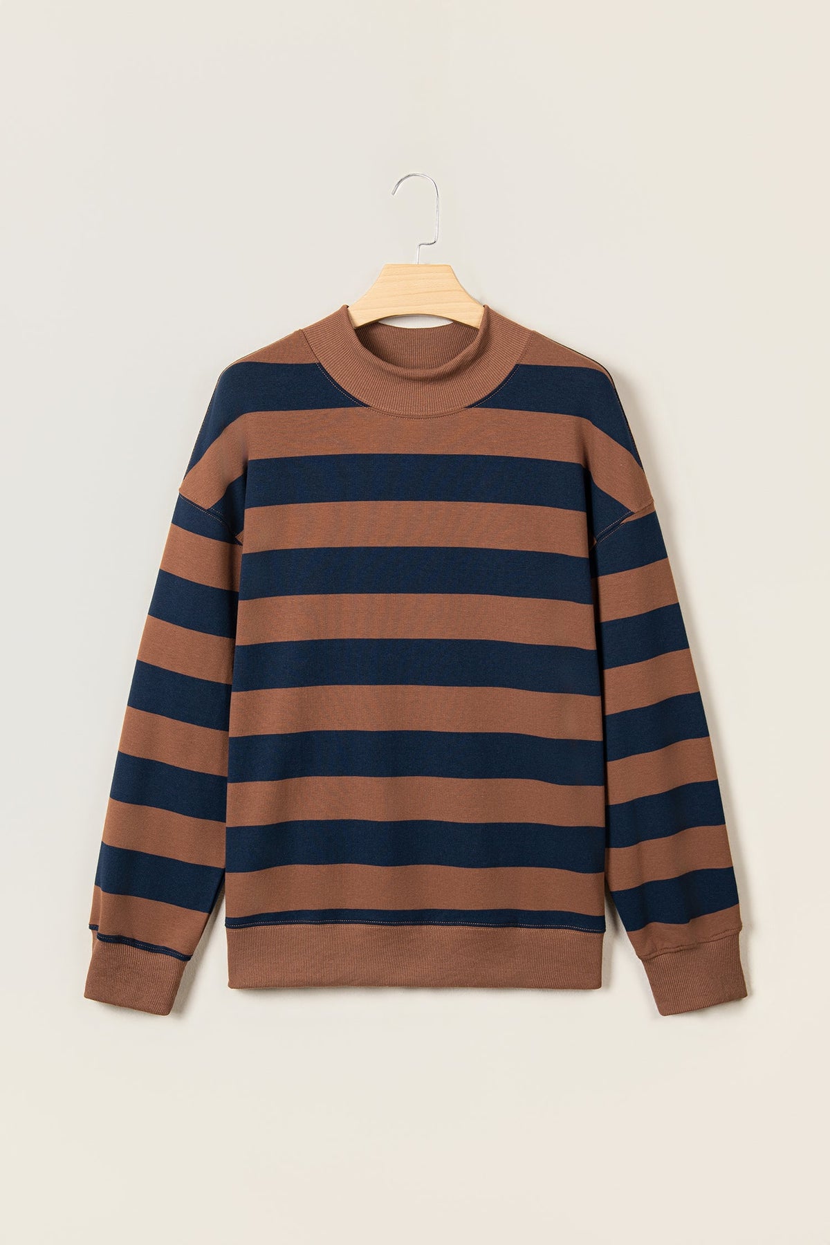 Brown Stripe Colorblock Mock Neck Relaxed Sweatshirt