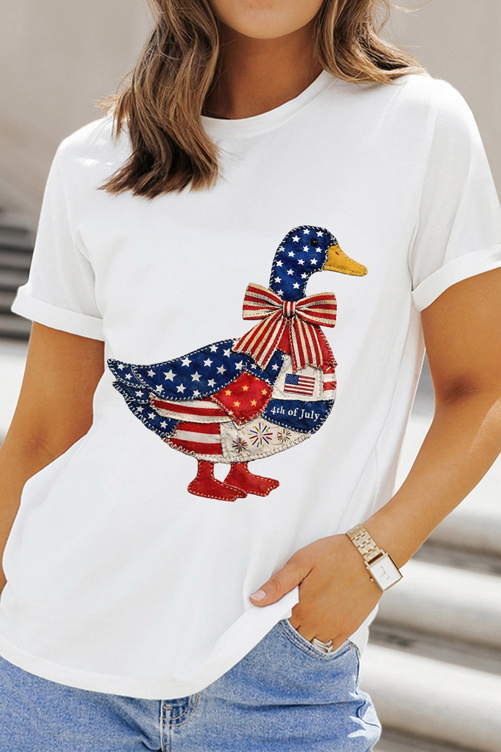 White Patriotic Patchwork Print Duck Graphic Tee