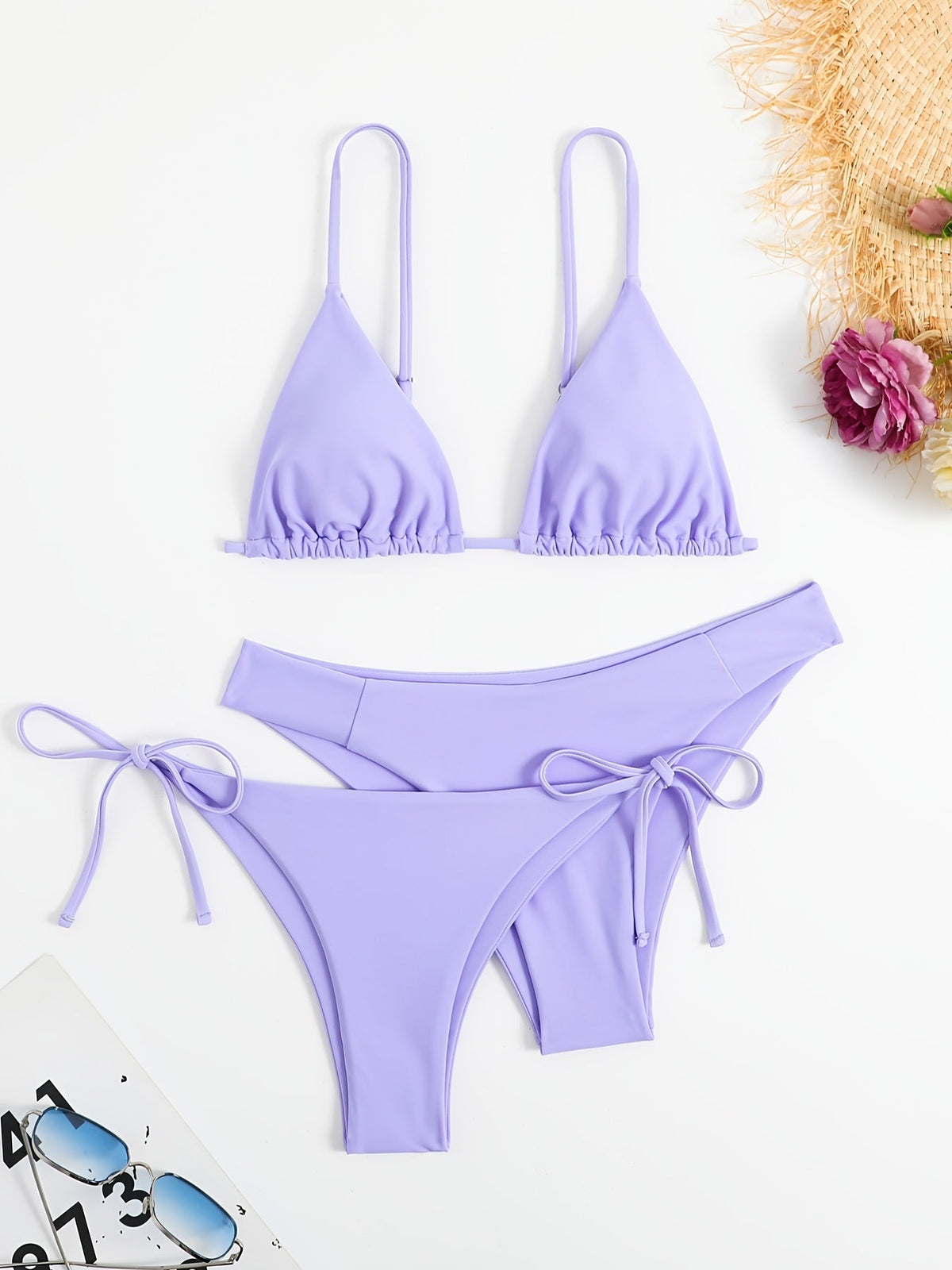 Essential Edge 3-Piece Bikini Set for Women – Solid Color High-Cut Triangle Top Two-Style Bottoms with Side Lace-Up Design & Quick-Drying Comfort – Versatile Women's Swimwear for Summer Pool Beach & Travel