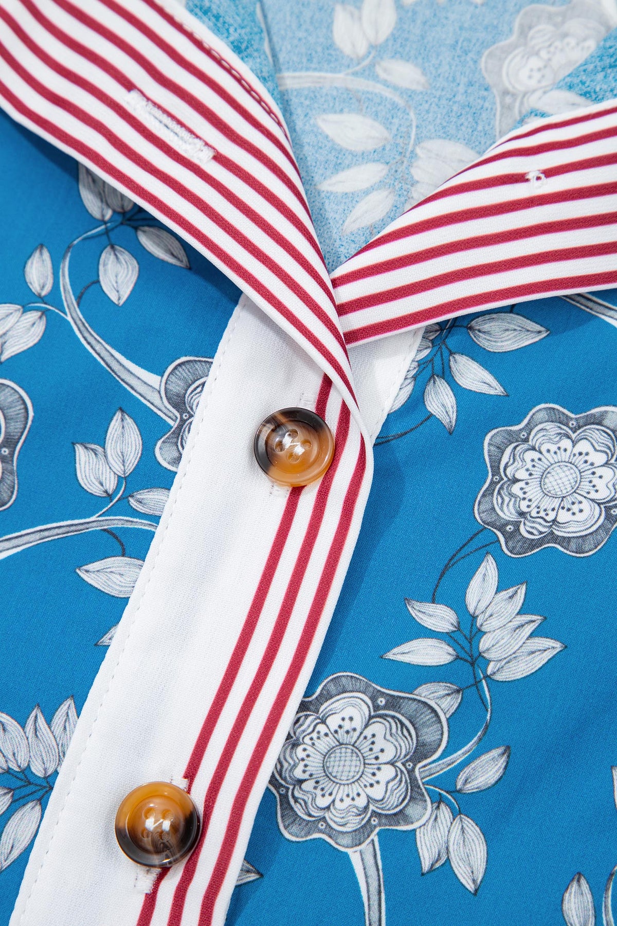 Floral Stripe Trim Button Neck Short Sleeve Blouse
