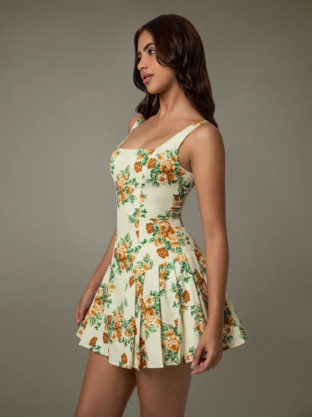 Floral Sleeveless Mini Pleated Dress