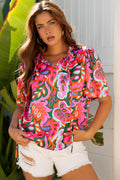 Floral Lace Up V-Neck Short Sleeve Blouse