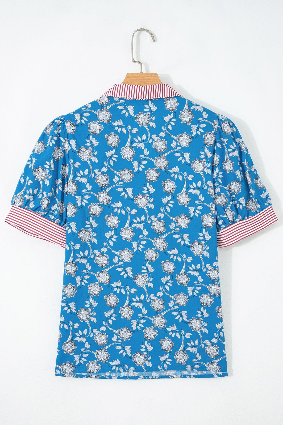 Floral Stripe Trim Button Neck Short Sleeve Blouse