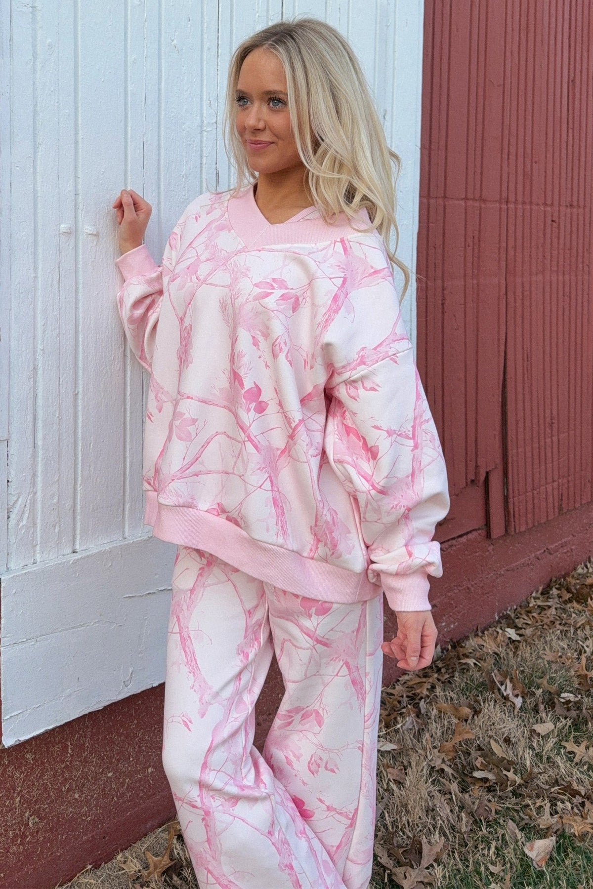 Pink Abstract Plant Print Long Sleeve V Neck Pant Set