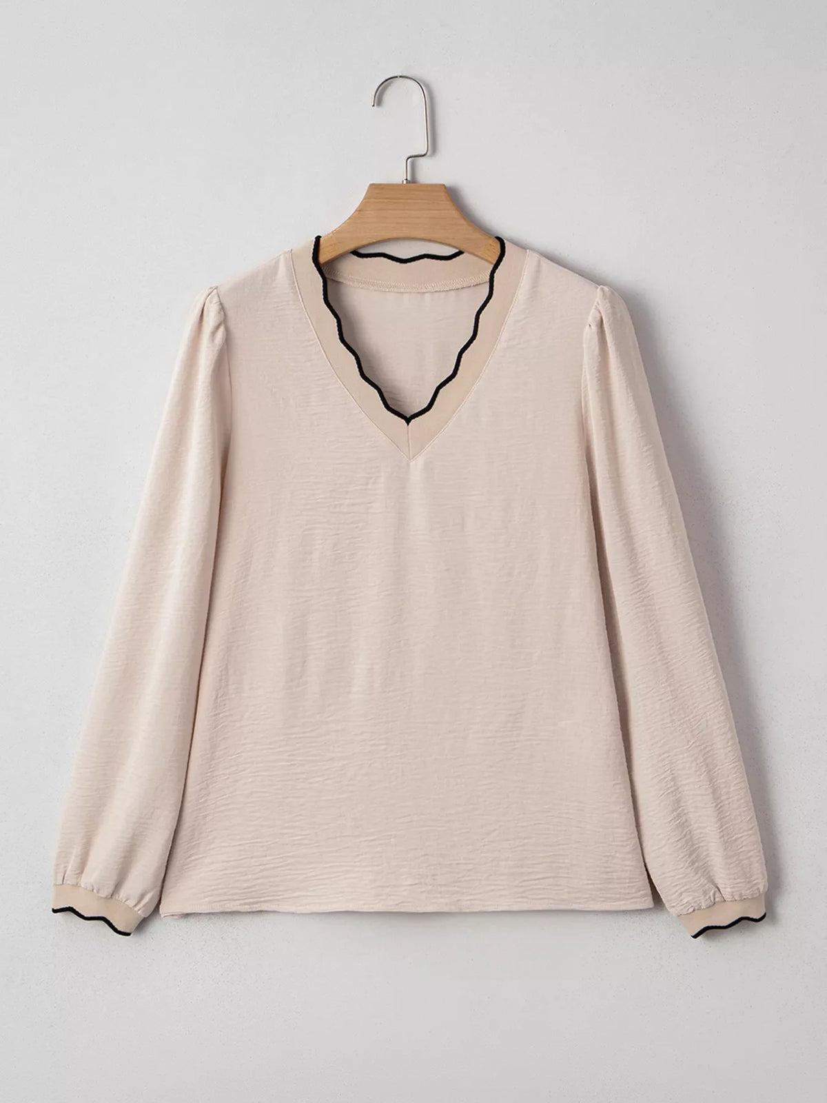 Contrast Scallop Trim V Neck Long Sleeve Blouse