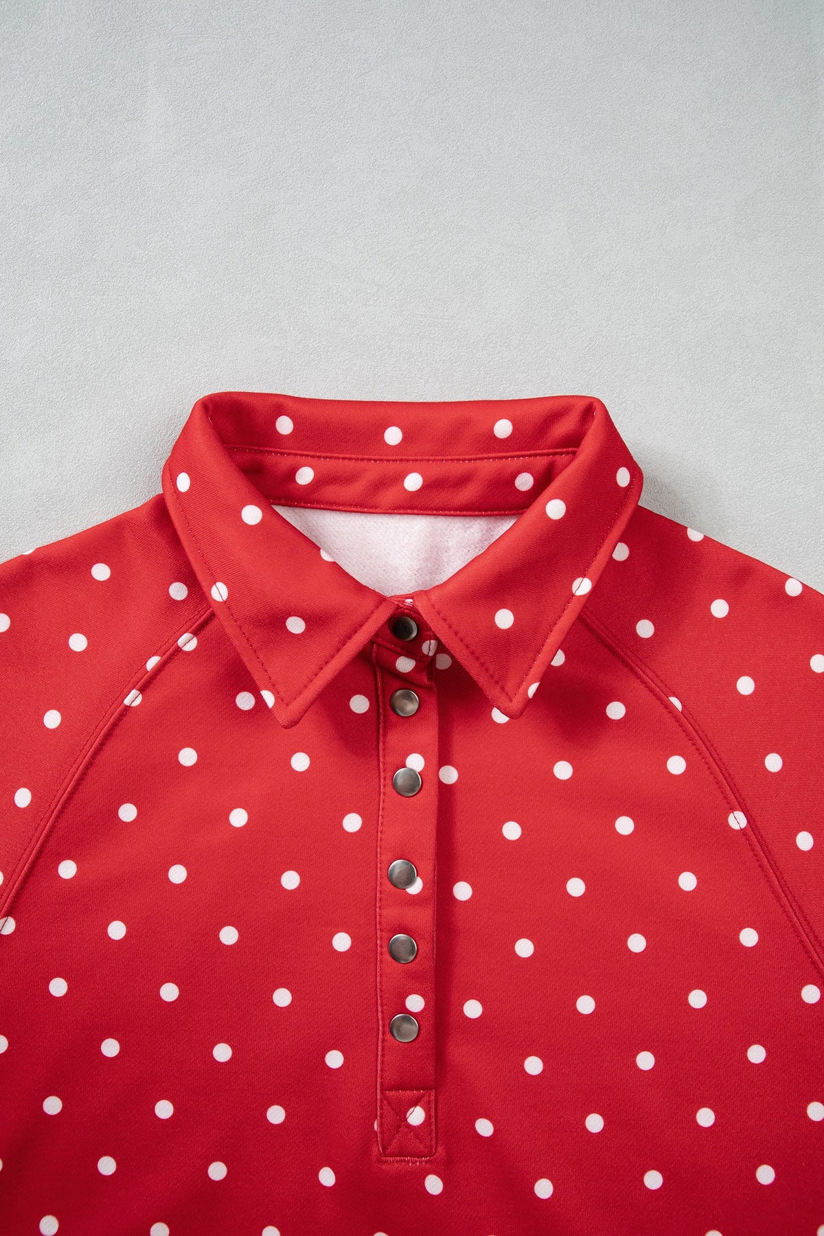 Red Polka Dot Print Metal Button Collar Casual Pullover Sweatshirt