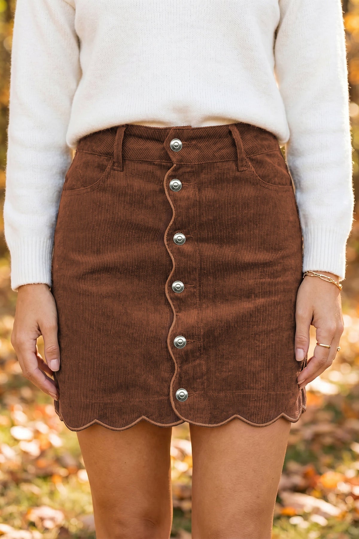Coffee Button Front Corduroy Mini Pockets Sheath Silhouette Skirt