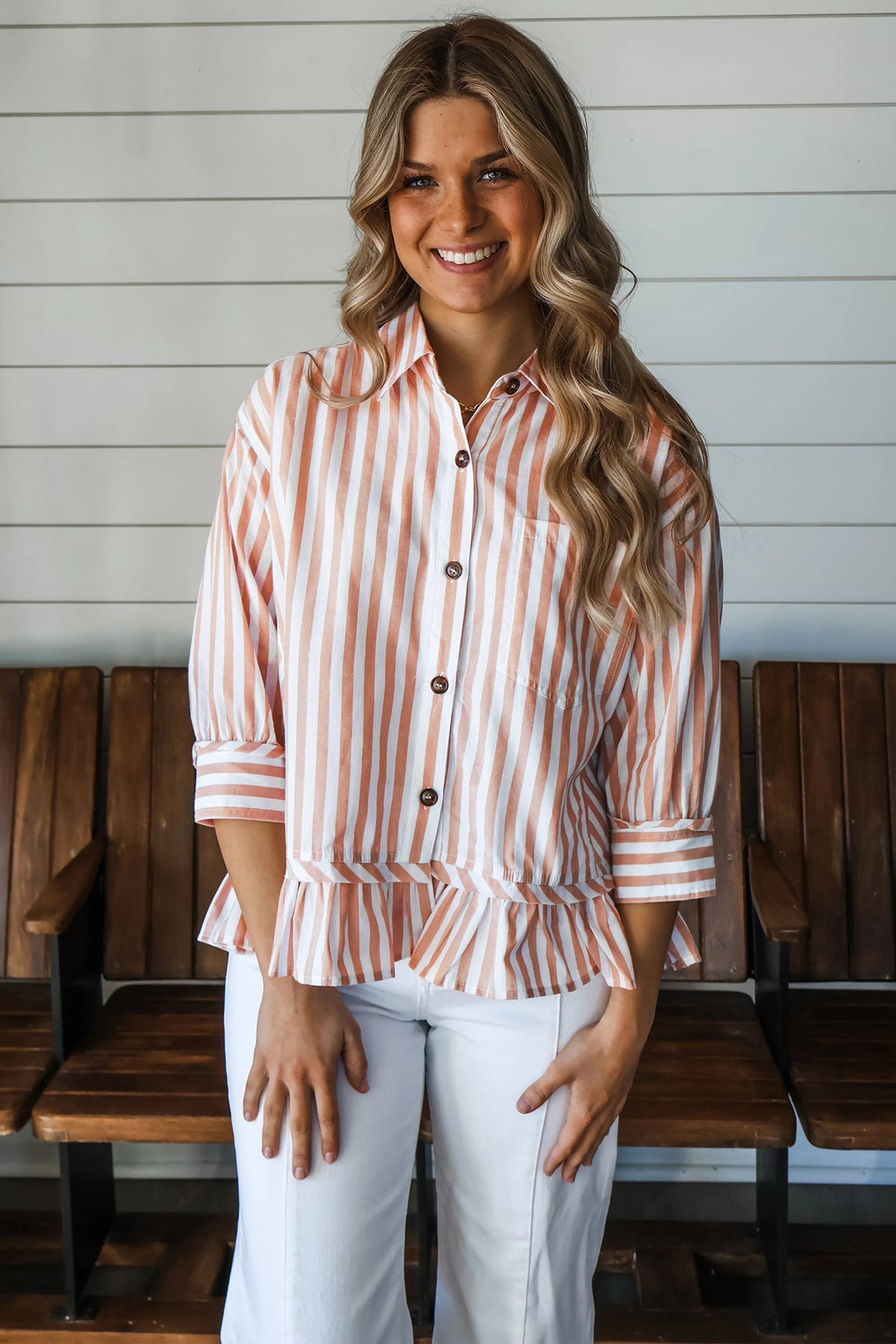 Khaki Stripe Collar Button Front Bracelet Sleeve Ruffle Hem Shirt