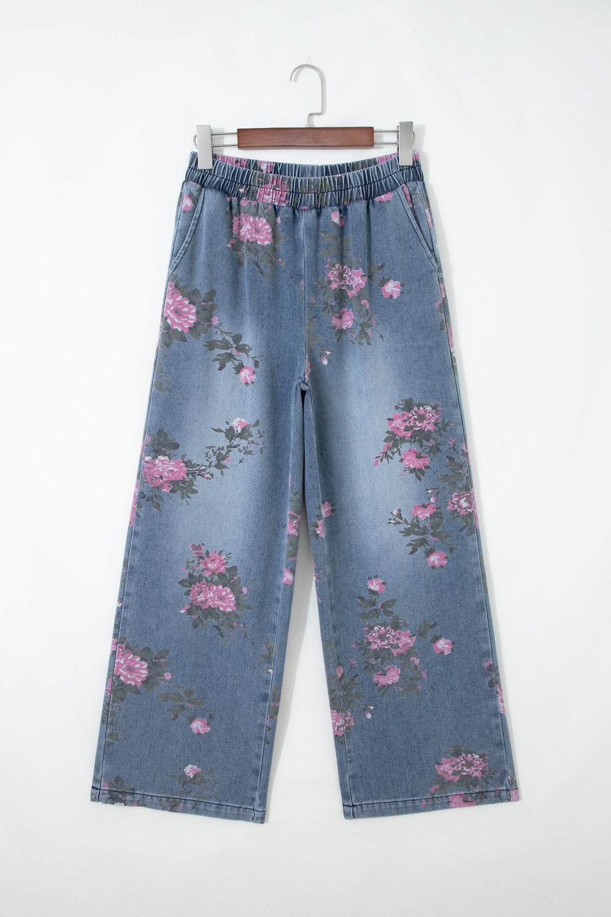 Beau Blue Floral Print Elastic Waist Pull On Casual Jeans