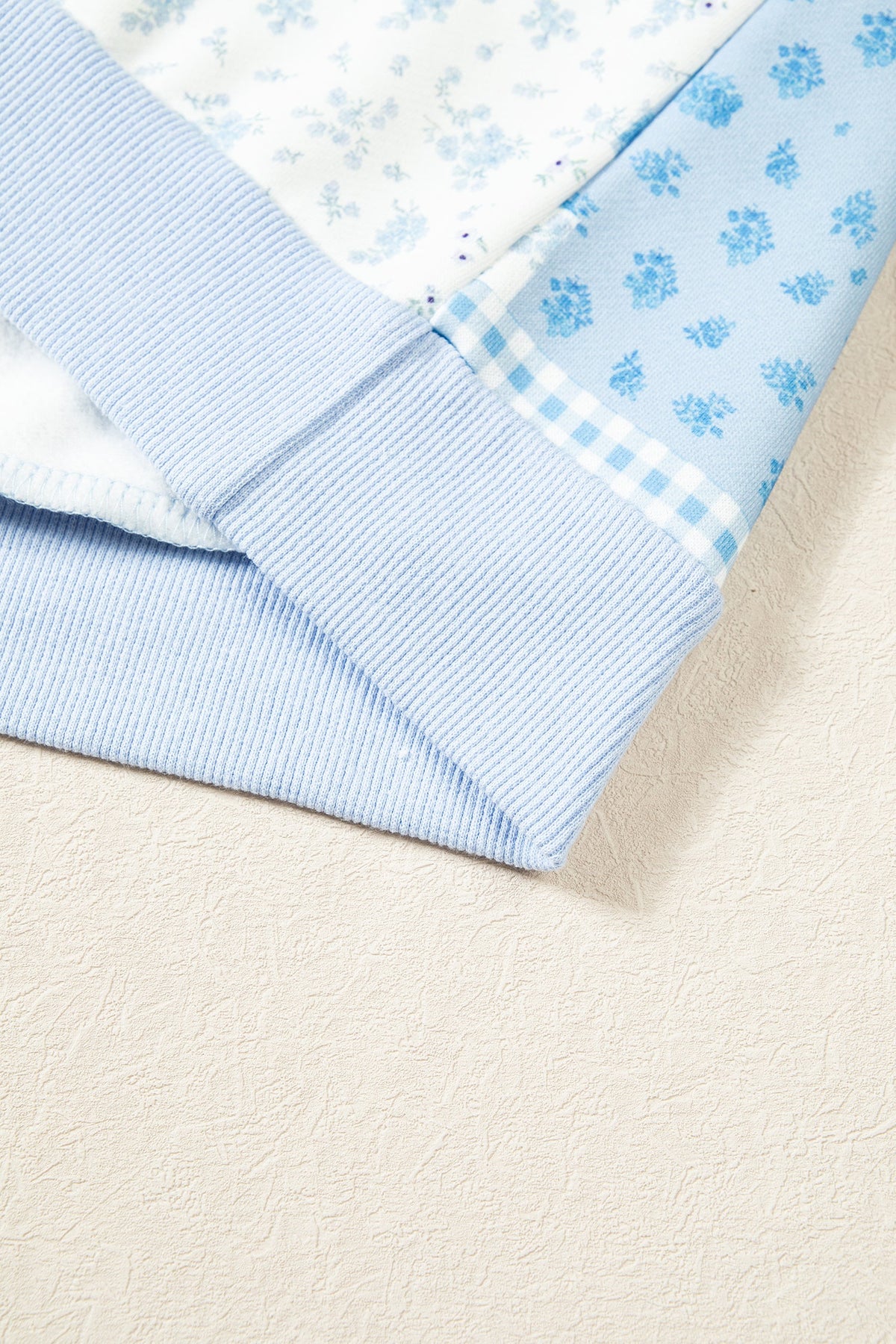Sky Blue Patchwork Floral Print Mock Neck Long Sleeve Sweatshirt