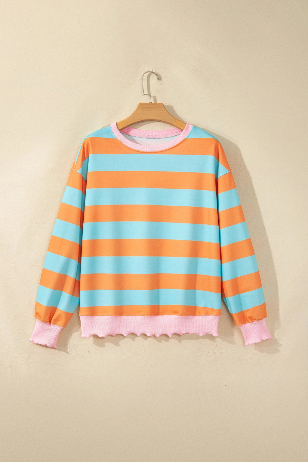 Stripe Colorblock Ribbed Trim Long Sleeve Top