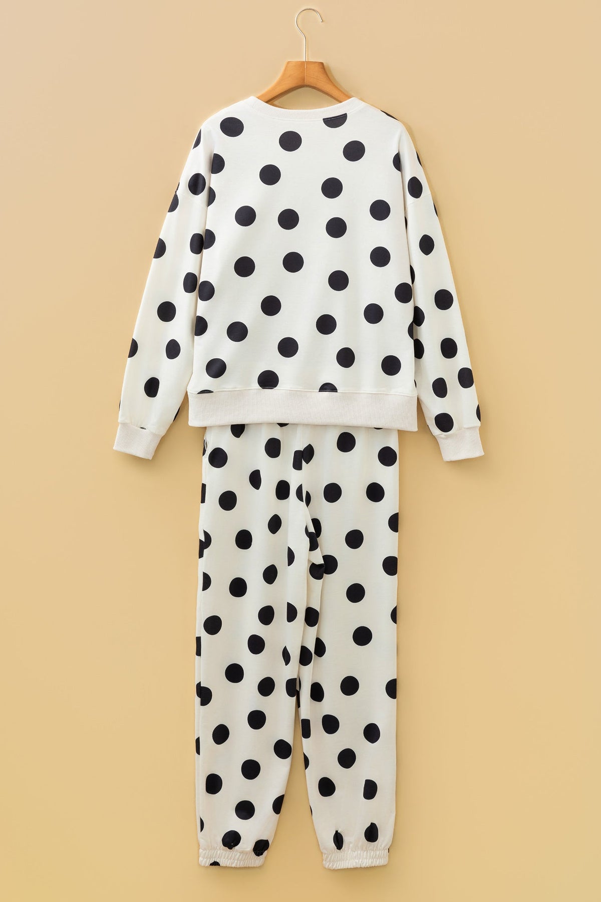 Beige Polka Dot Print Drop Shoulder Pullover Drawstring Jogger Pant Set