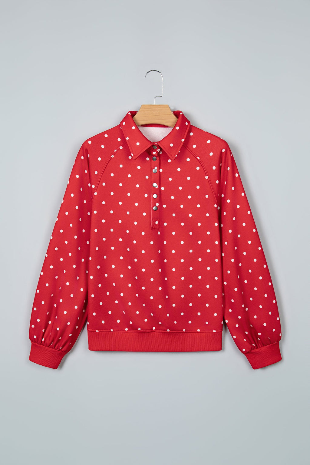 Red Polka Dot Print Metal Button Collar Casual Pullover Sweatshirt