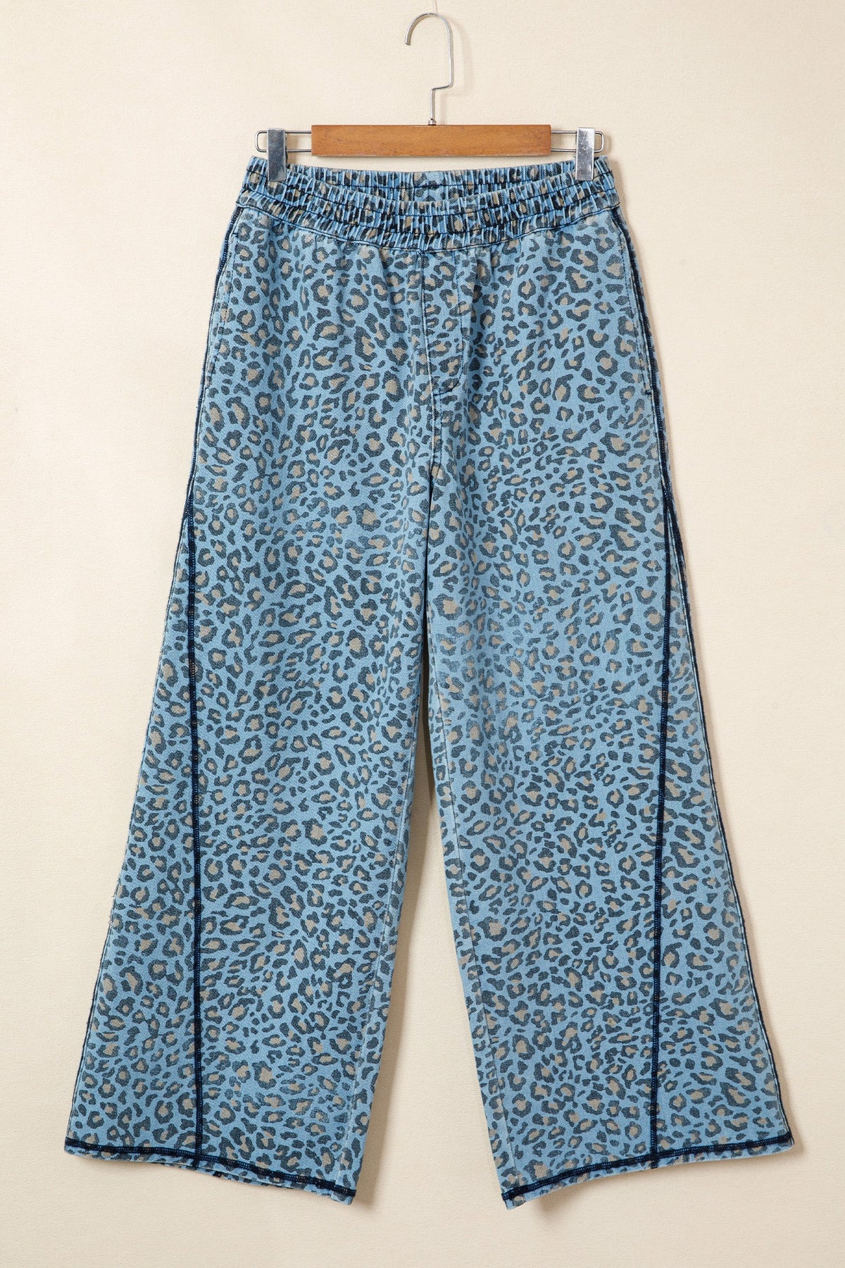 Blue Leopard Print Exposed Seam Detail Wide Leg Drawstring Jeans