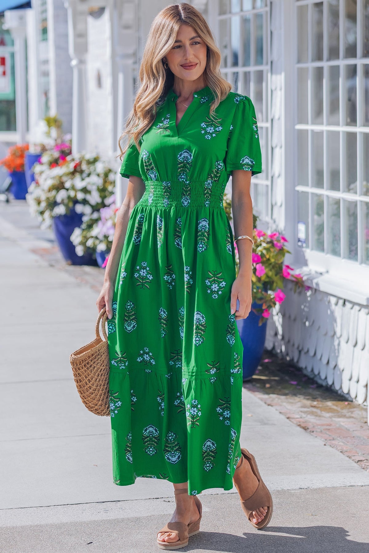 Floral Split Neck Shirred High Waist Maxi Dress