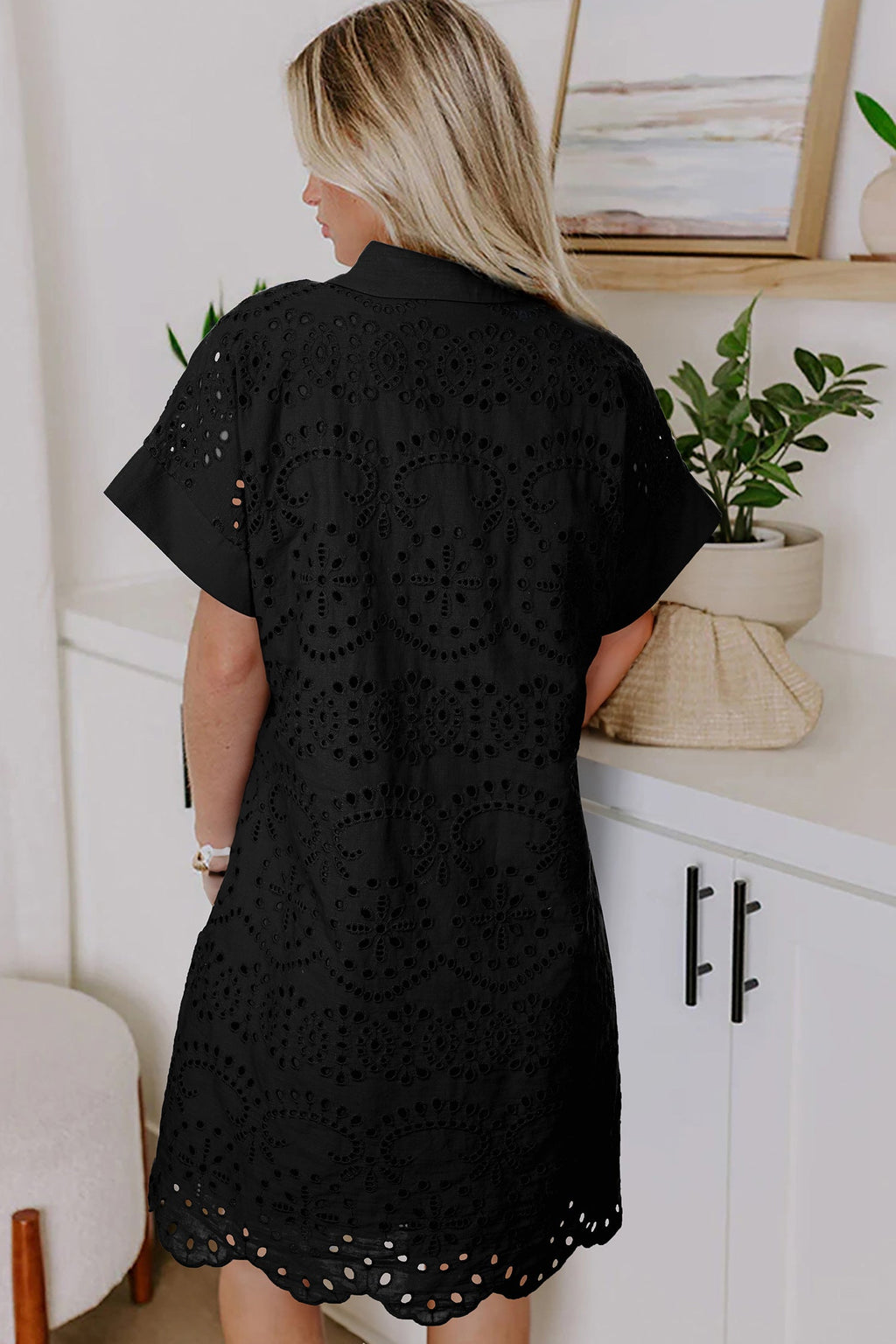Black Solid Color Eyelet Embroidered T Shirt Mini Dress