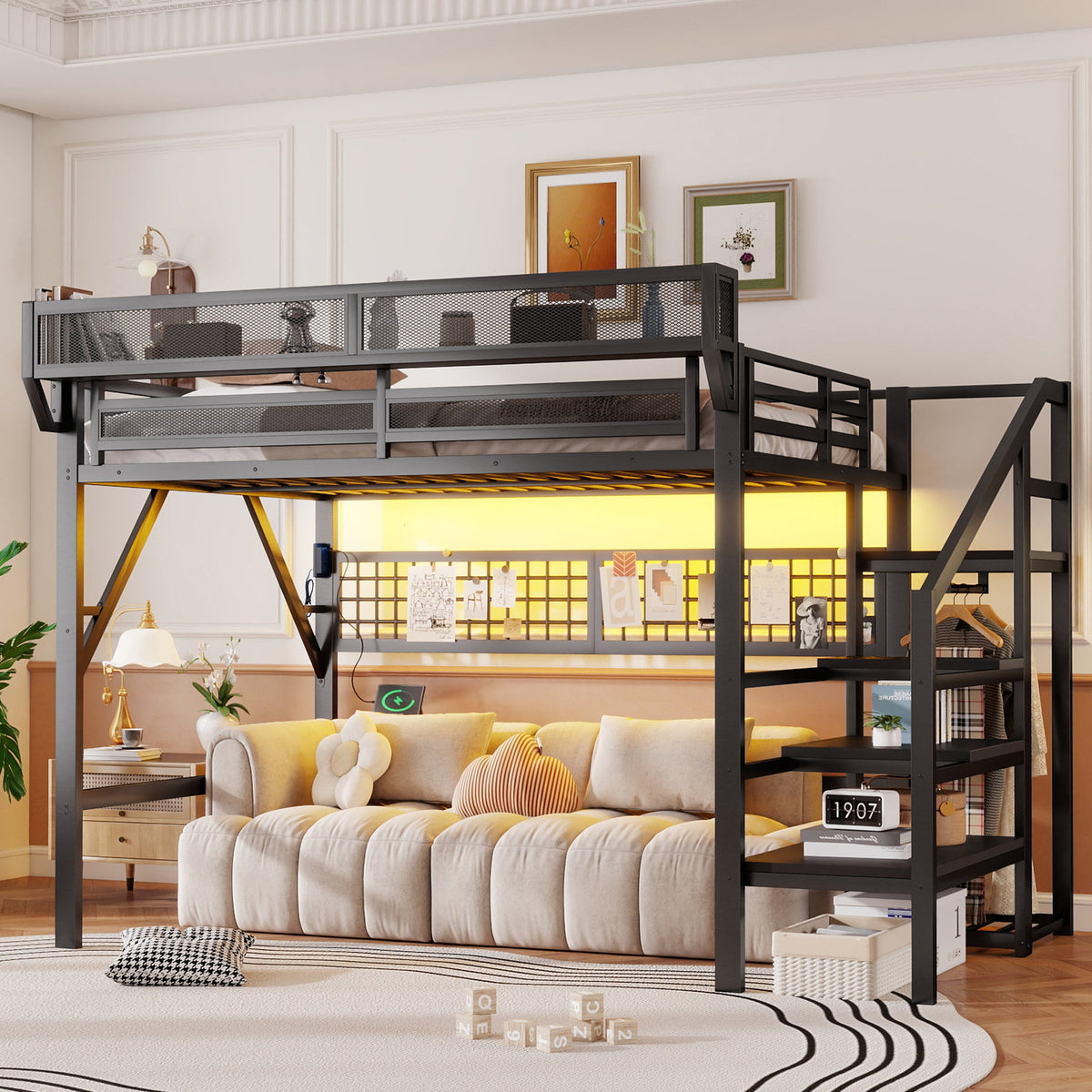 Full Size Loft Bed with Charging Station