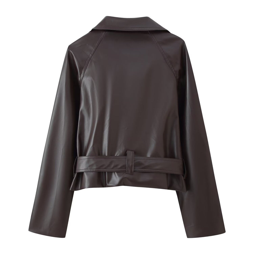 Trendy Wild Two-color Double Breasted Short Lace Up Leather Coat