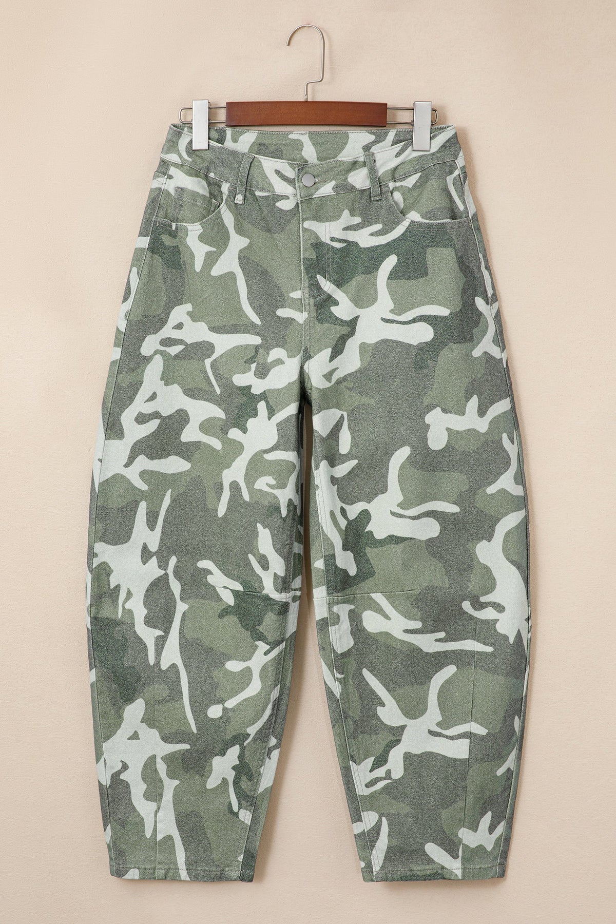 Green Camo Print Button Fly Straight Leg Ankle Length Jeans