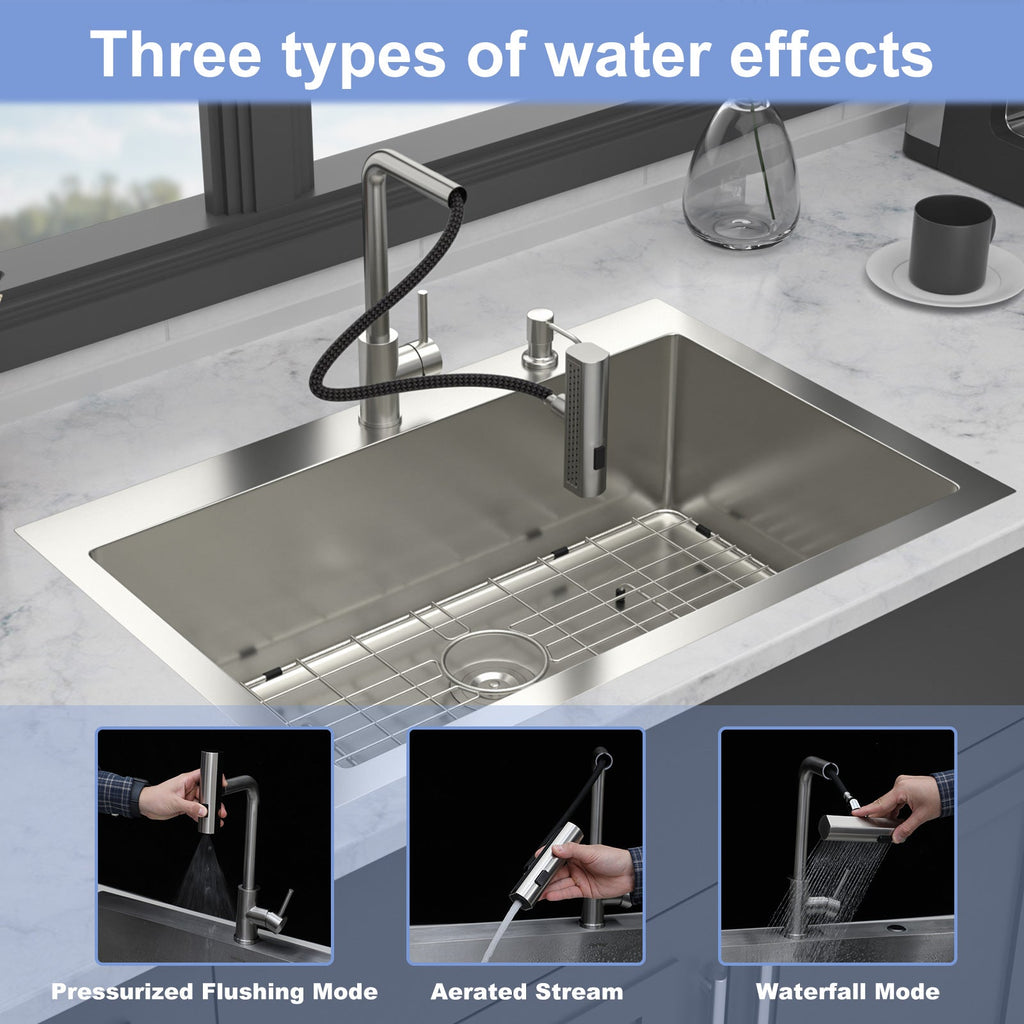 30" Drop-In Kitchen Sink with Pull-Out Faucet and Soap Dispenser