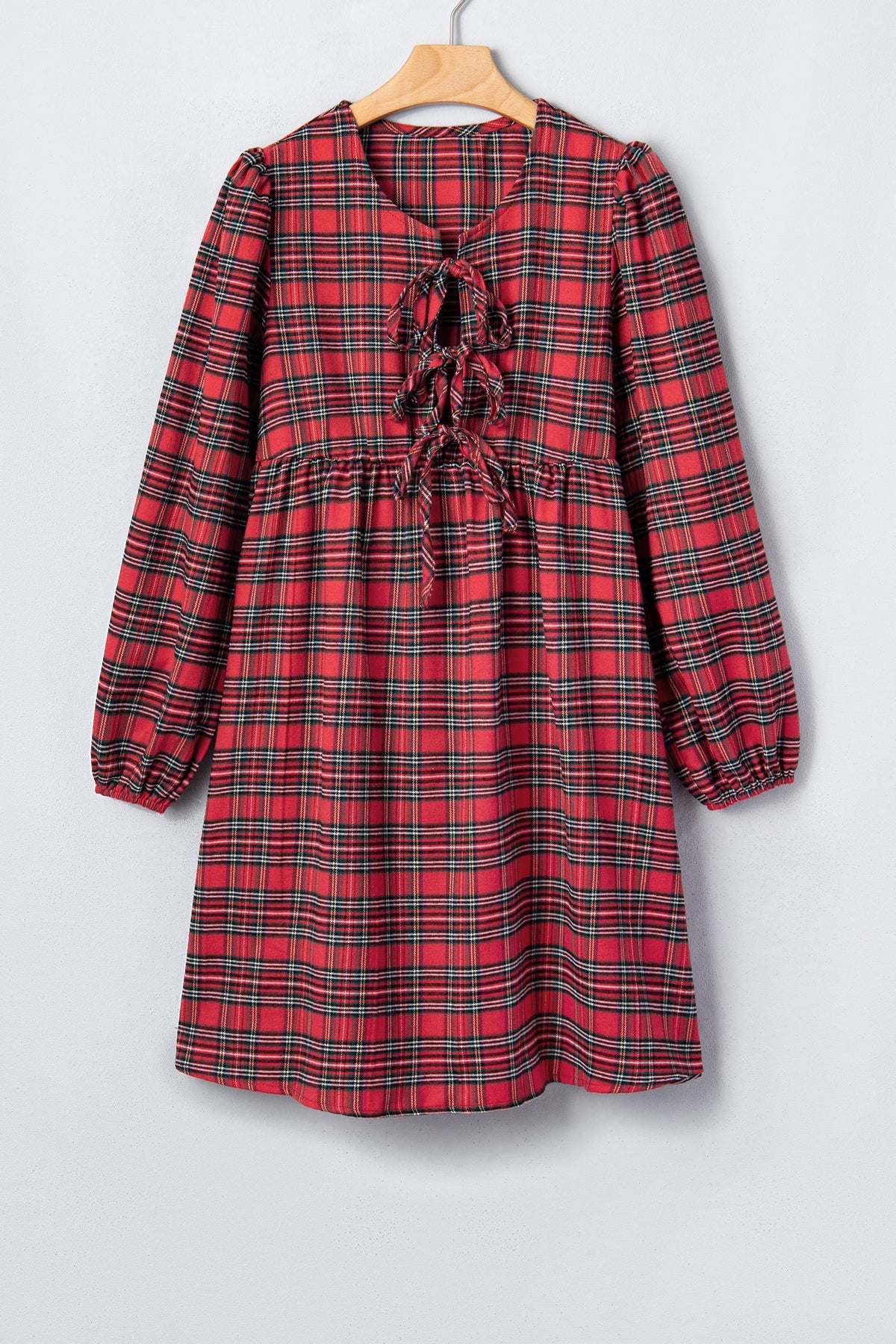Plaid Bow Tie Front Puff Long Sleeve Dress