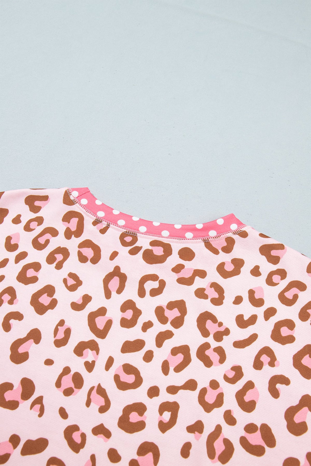 Pink Leopard Polka Dot Colorblock Trim Long Sleeve Top