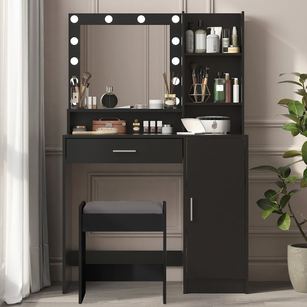 Vanity Desk with Mirror & Light, Large Drawer Three Level Storage Dresser