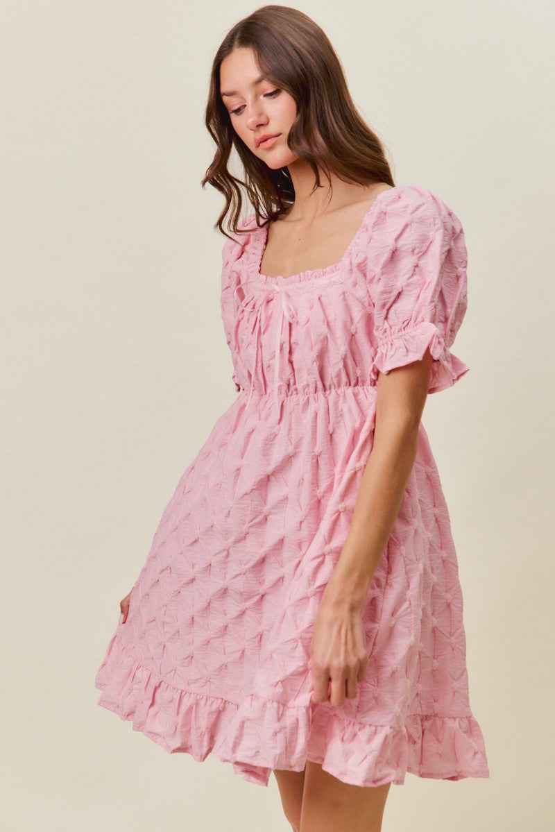 Pink Texture Woven Ruching On Bust Mini Dress by So Me