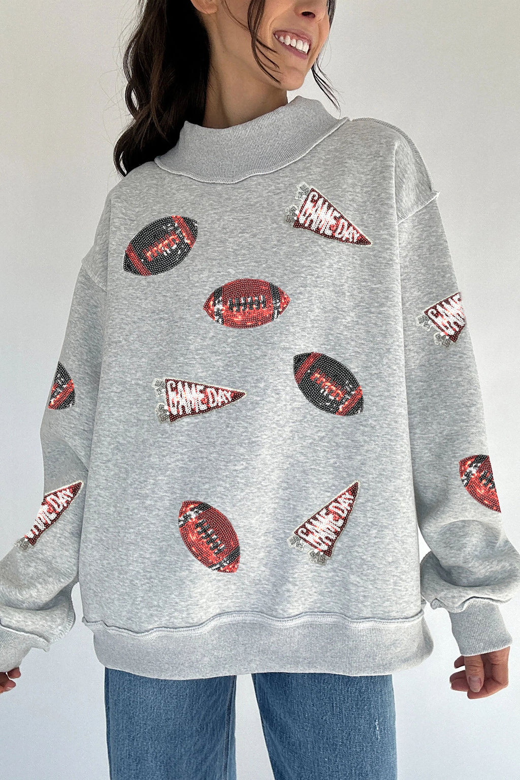 Light Grey Sequin Rugby Game Day High Neck Baggy Sweatshirt
