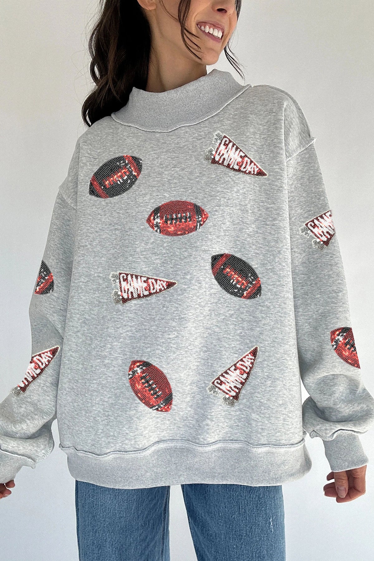 Light Grey Sequin Rugby Game Day High Neck Baggy Sweatshirt