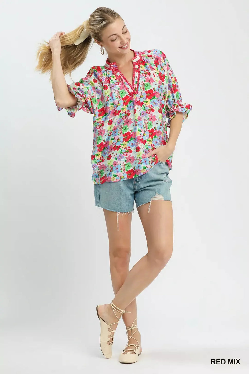 Red Mix Floral Print Ruffle Top by Umgee