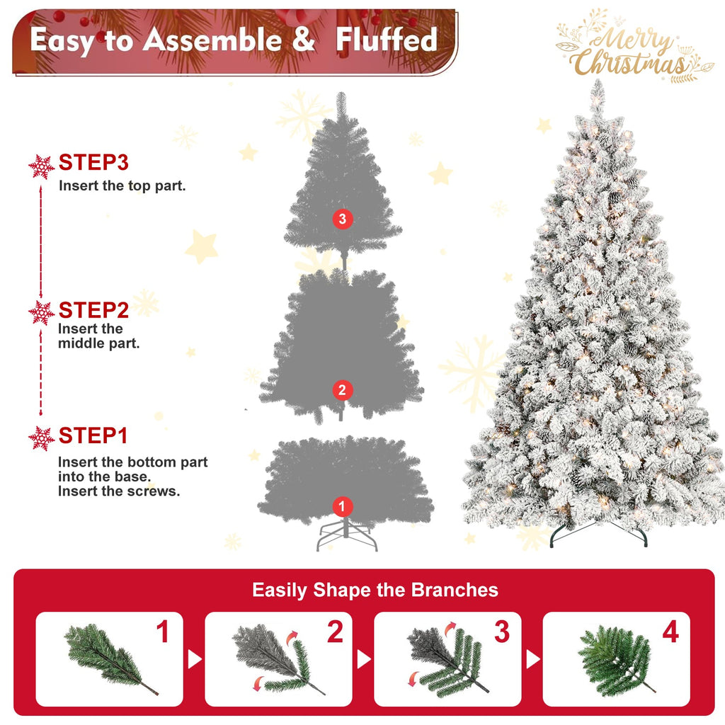 8FT Flocked Christmas Tree with 700 UL Lights and 54 Pine Cones