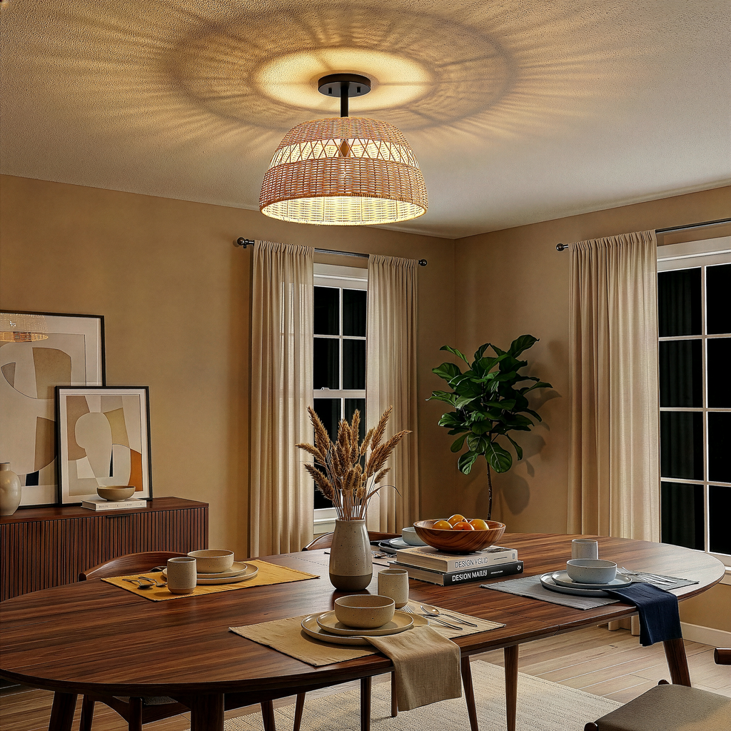 Twinkle Double Lights Semi Flush with Rattan Shade