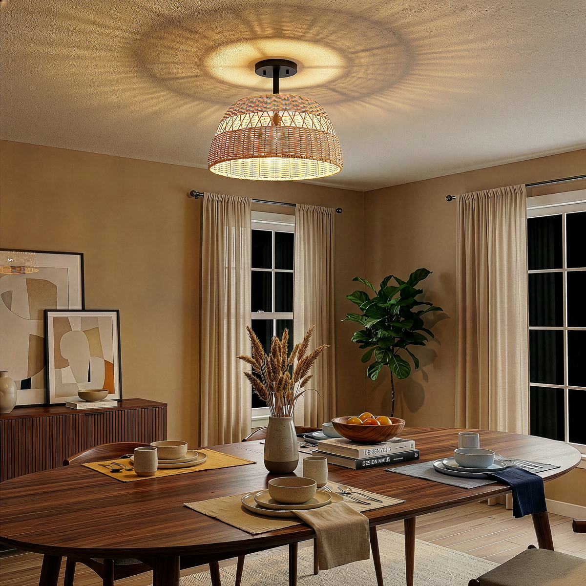 Twinkle Double Lights Semi Flush with Rattan Shade
