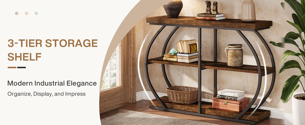 41.3" Industrial Console Table, 3-Tier Entryway Table with Arched Metal Frame