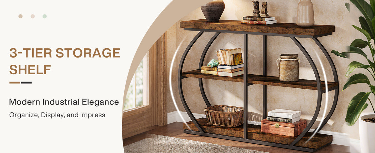 41.3" Industrial Console Table, 3-Tier Entryway Table with Arched Metal Frame