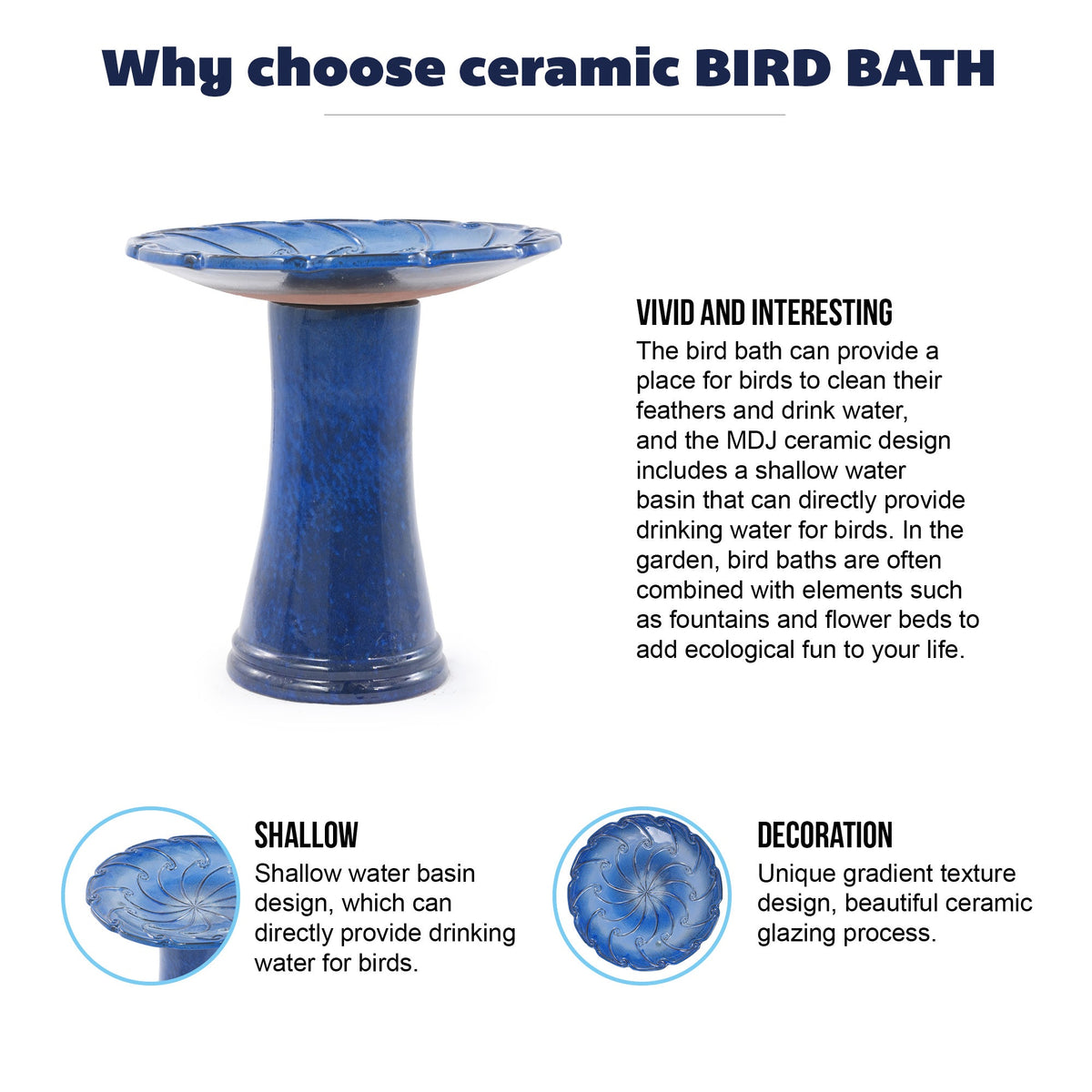 Handmade Glazed Ceramic Bird Bath, 17" Swirling Scroll Embossed Tray