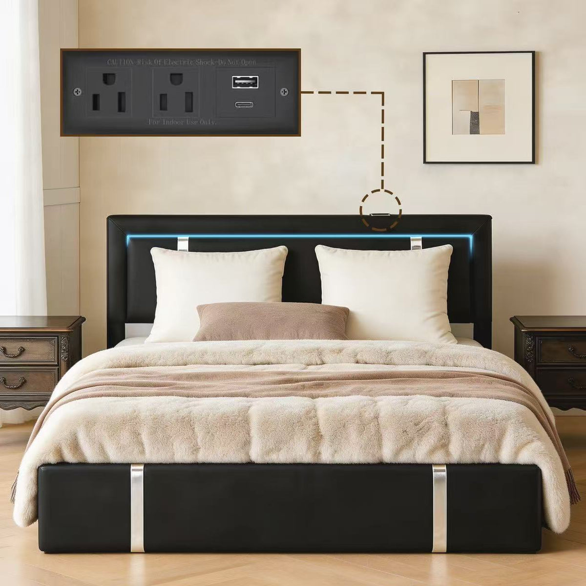 Full Size Lift Up Storage Bed Frame with LED Headboard