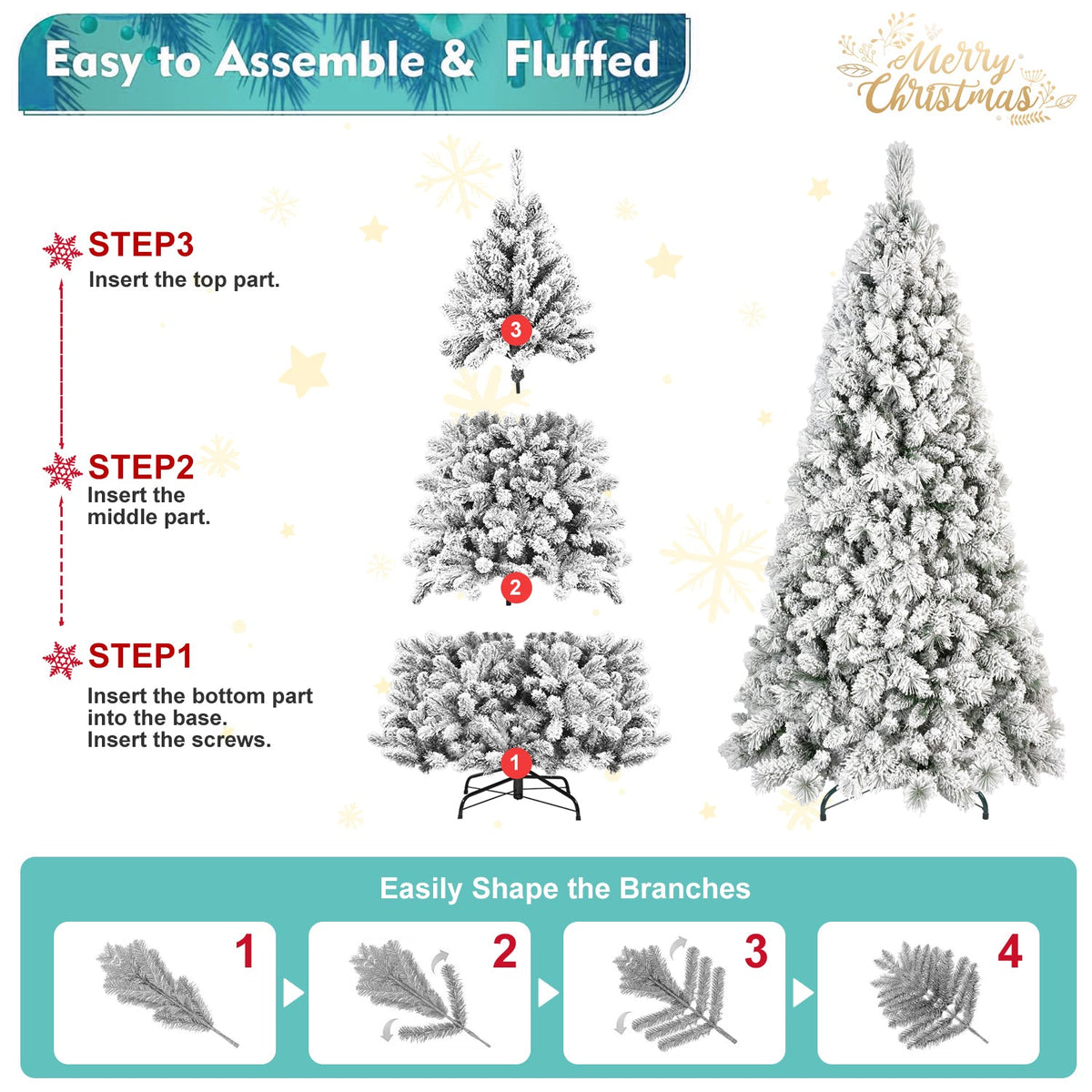 7.5FT Flocked Christmas Tree with 500 Warm LED Lights
