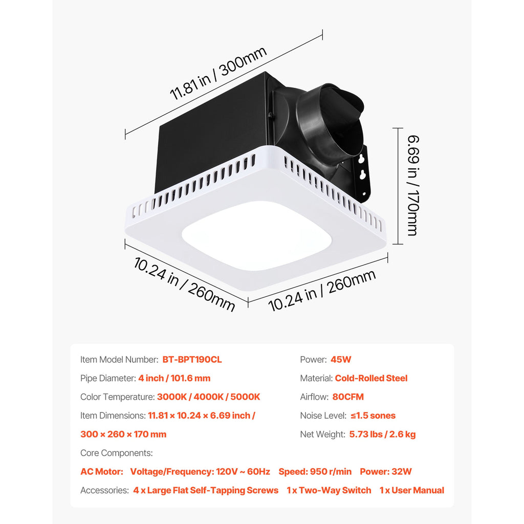 Bathroom Exhaust Fan with LED Light, 80 CFM