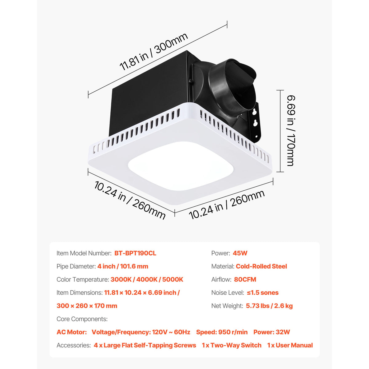 Bathroom Exhaust Fan with LED Light, 80 CFM