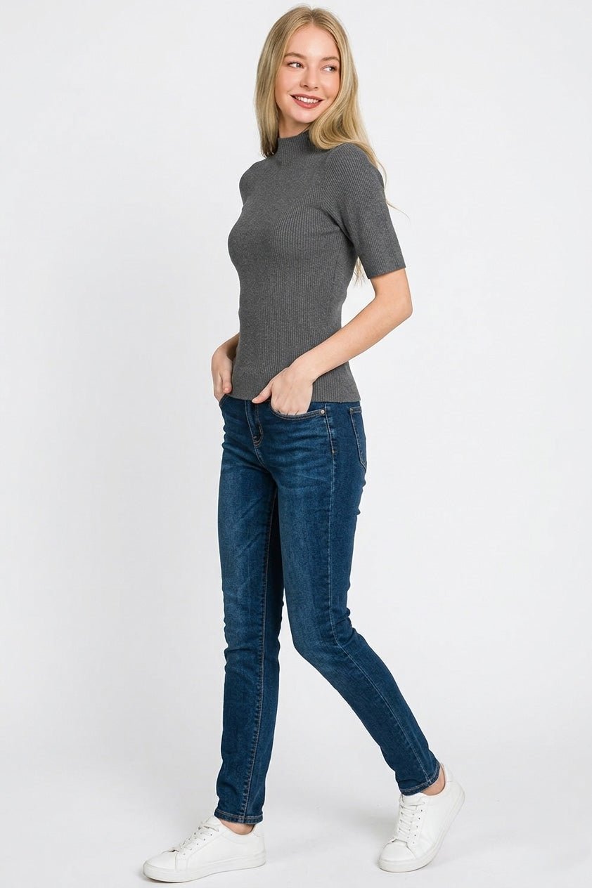 Charcoal Viscose Ribbed Mock Neck Sweater by Zenana