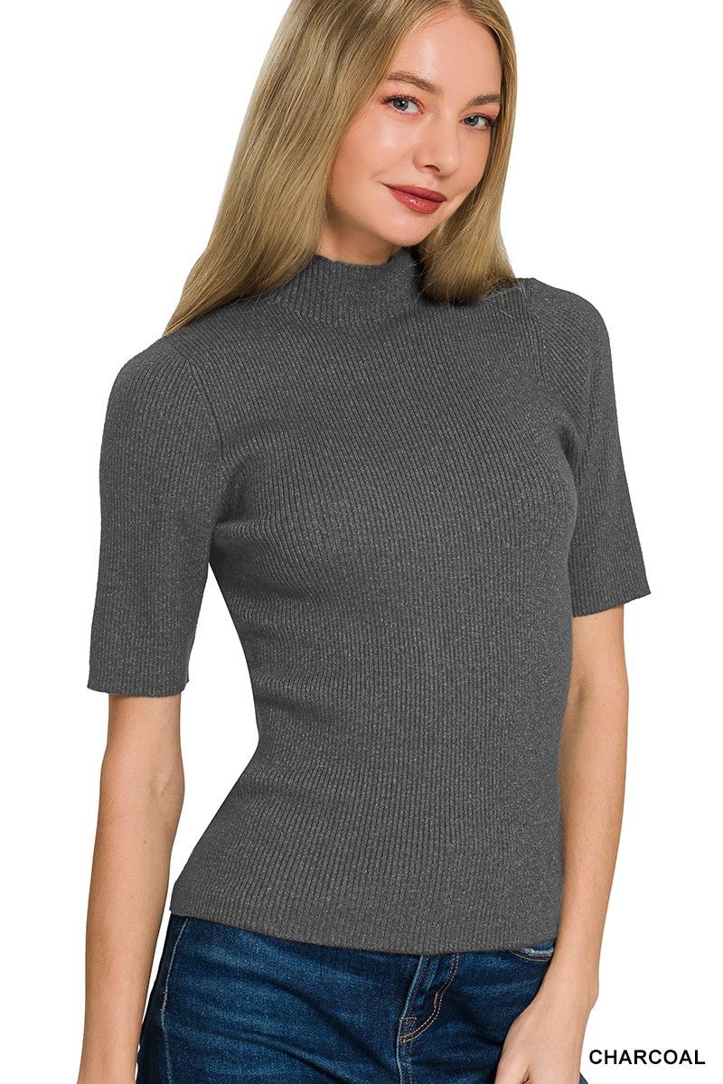 Charcoal Viscose Ribbed Mock Neck Sweater by Zenana
