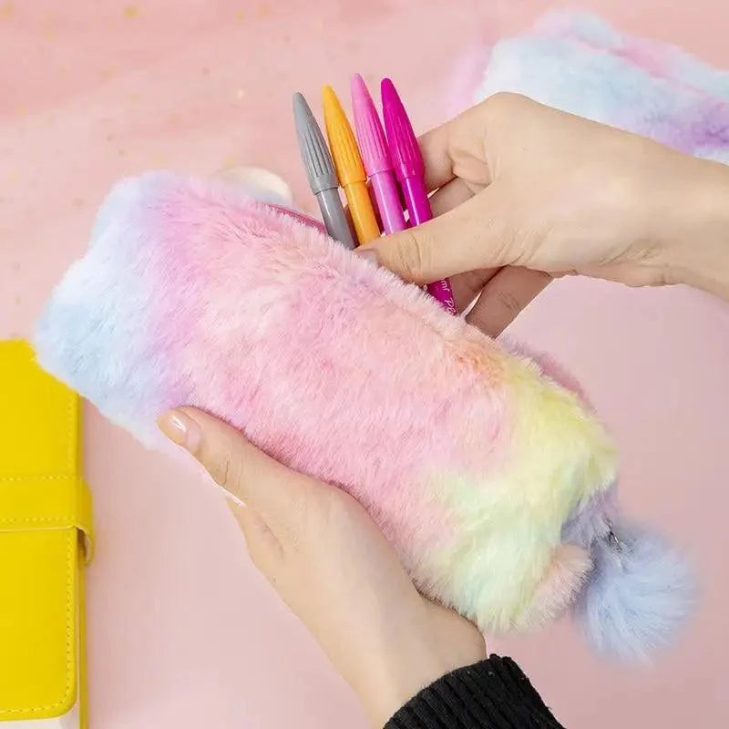 Cute Candy Color Creative Plush Students  Pencil Case Soft Stationery Large Capacity Pouch For Girls